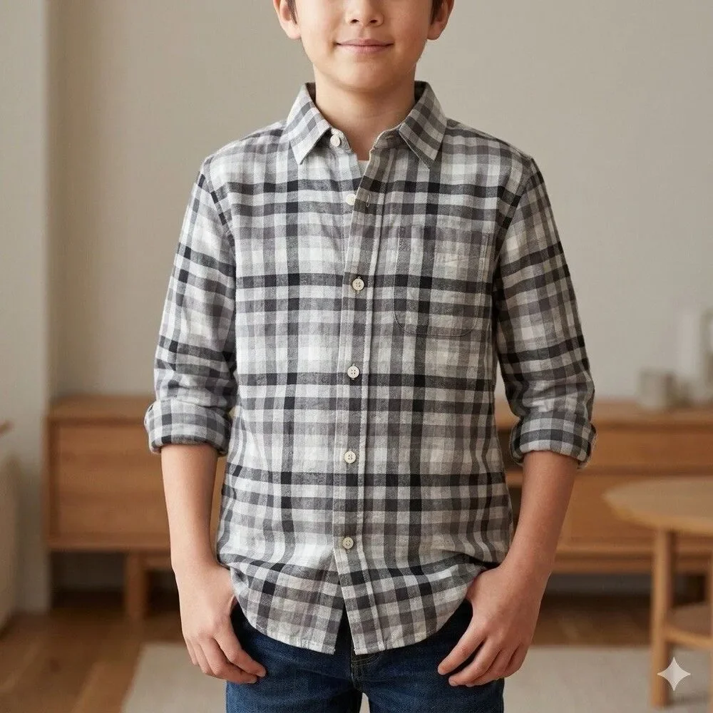 Gap Kids Size L (10) NWT Gray Black White Plaid Button Down Flannel Shirt Boys